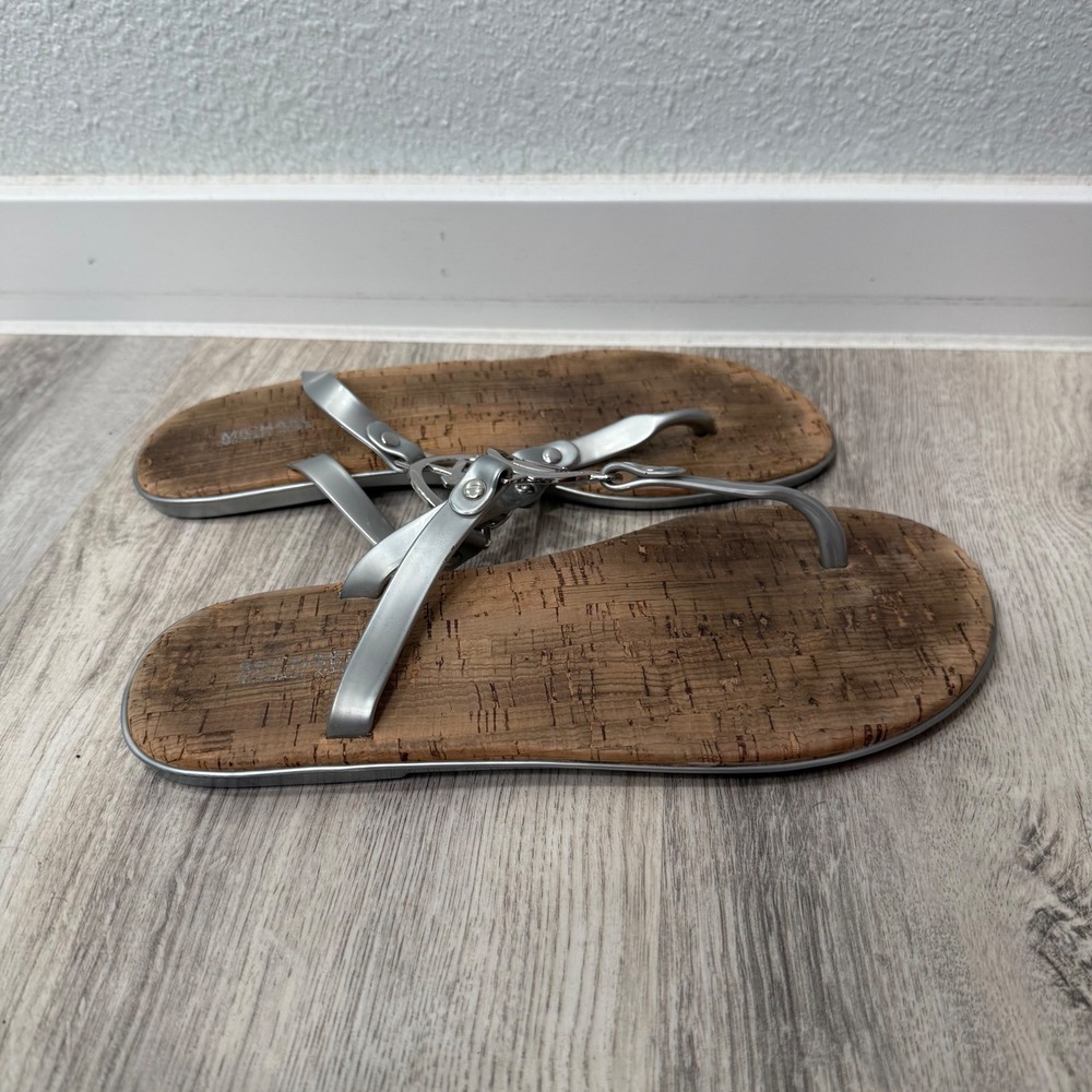 Michael Kors MK Plate Thong Sandals Silver Cork Flat Flip Flops Womens Size 9M